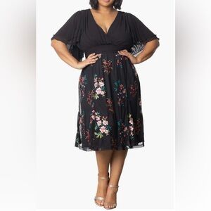 Kiyonna Black Floral Midi Skirt